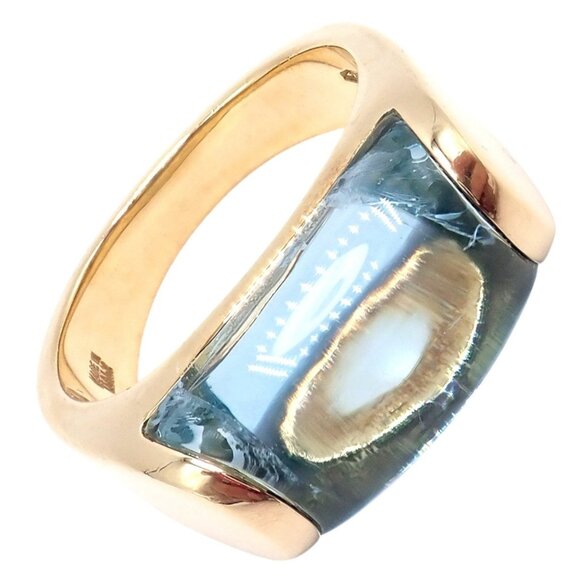 Authentic Bulgari Bvlgari Tronchetto 18k Yellow Gold Blue Topaz Ring sz 5.5 - Picture 10 of 11